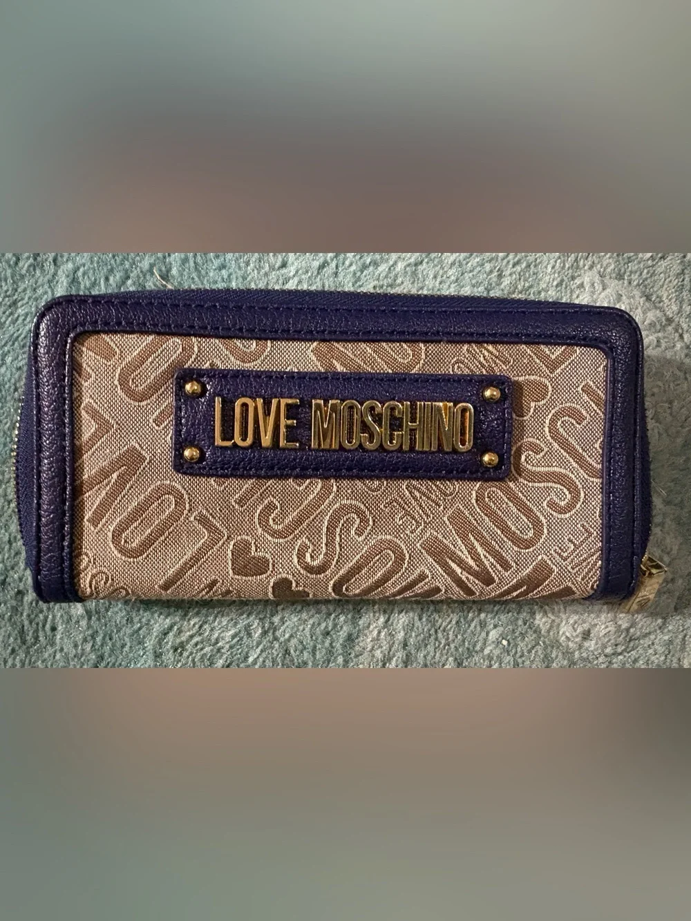 Love Moschino Beige Monogram Wallet with Navy Trim and Gold Logo